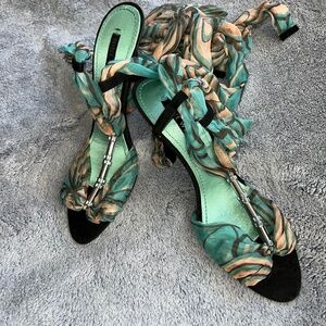 Nine West Jennica, black, teal fabric, sexy summer heel